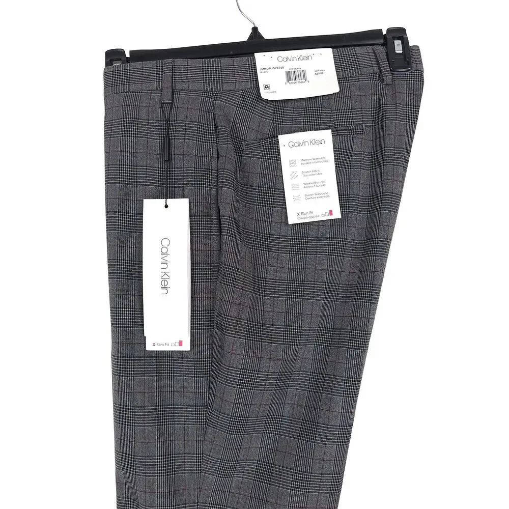 Calvin Klein Mens Slim Fit Dress Pants 38x30 Grey Black Plaid Stretch NWT